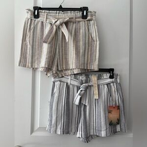 Two Linen Striped Women's Shorts with Tie Waist New